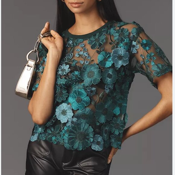 ANTHROPOLOGIE Dolan Left Coast Flower Turquoise Appliqué Sheer Tee Size XS NWT‎ - Picture 1 of 3
